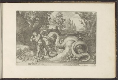 Kadmusens ledsagere fortæret af en drage Ovids metamorfoser (serietitel) Genskabelser af P. Ovidius Naso (serietitel) af Hendrick Goltzius (workshop of)