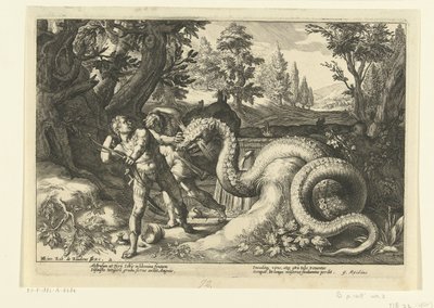 Kadmusens ledsagere fortæret af en drage Ovids metamorfoser (serietitel) af Hendrick Goltzius (workshop of)