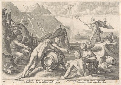Neptun beordrer flodguderne til at forårsage en oversvømmelse Metamorphoses of Ovid (serietitel) af Hendrick Goltzius (workshop of)