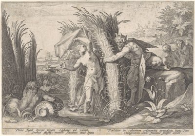 Pan en Syrigs Transformed van Ovid (serietitel) af Hendrick Goltzius (workshop of)