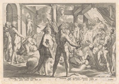 Phaëthon spørger Apollo, om han må køre i sin vogn Metamorphoses of Ovid (serietitel) af Hendrick Goltzius (workshop of)