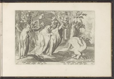 Phaëthons søstre bliver til poppel og hans ven til en svane Ovids metamorfoser (serietitel) Genskabelser af P. Ovidius Naso (serietitel) af Hendrick Goltzius (workshop of)