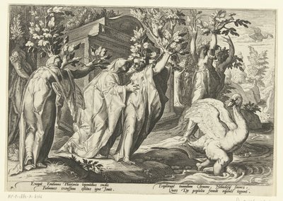 Phaëthons søstre bliver til poppel og hans ven til en svane Ovids metamorfoser (serietitel) af Hendrick Goltzius (workshop of)