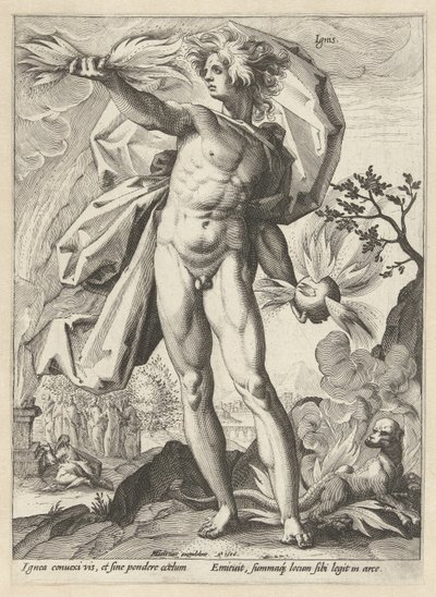 Fyrværkeri Ignis (titel på objekt) De fire elementer (serietitel) af Hendrick Goltzius (workshop of)