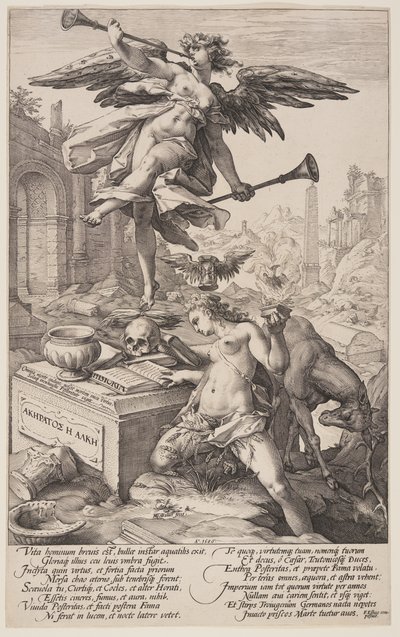 Allegori om berømmelse og historie, fra De romerske helte af Hendrick Goltzius