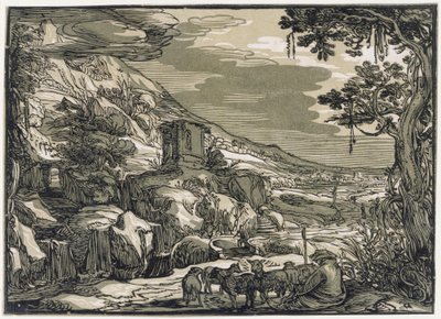 Arkadisk landskab med en hyrde af Hendrick Goltzius