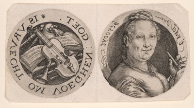 Buste af en kvinde, der holder en fløjte og musikinstrumenter, på et ark af Hendrick Goltzius