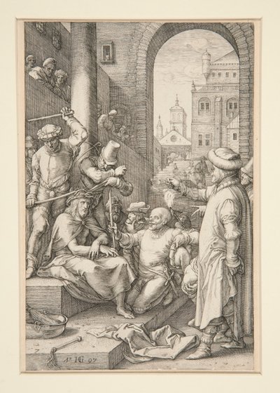 Kristus kronet med torne, fra The Passion, #7 i en serie på 12 graveringer af Hendrick Goltzius