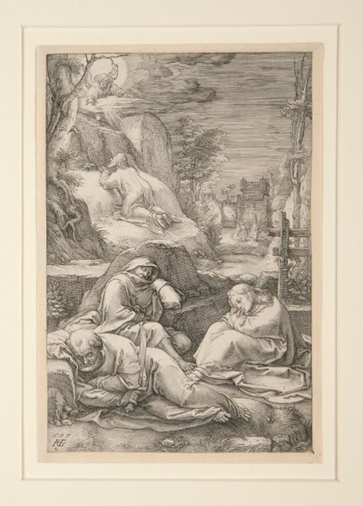 Kristus på Oliebjerget (Agony in the Garden), fra The Passion, #2 i en serie af 12 graveringer af Hendrick Goltzius