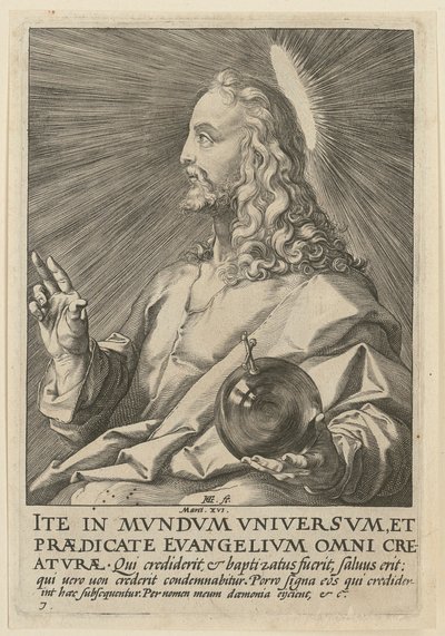 Kristus som Salvator Mundi, blad 7 fra serien «Kristus, de tolv apostle og Paulus» af Hendrick Goltzius