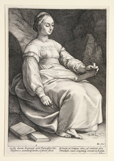Klio, blad 4 fra serien „De ni muser“ af Hendrick Goltzius