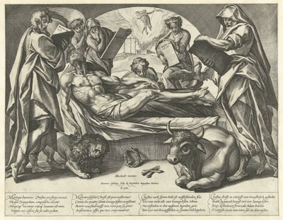 Den døde Kristus og de fire evangelister af Hendrick Goltzius