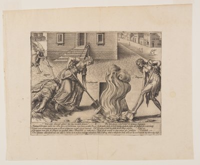 Den tåbelige sagsøgers død, fra Litis Abusus (Lovens misbrug) af Hendrick Goltzius