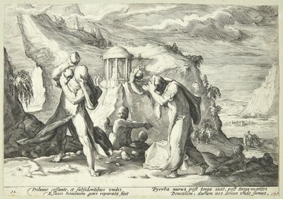 Deukalion og Pyrrha befolker verden på ny af Hendrick Goltzius