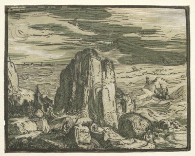Fire små landskaber: nr. 4, klippe ved kysten af Hendrick Goltzius