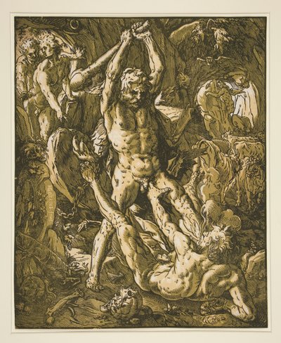 Hercules dræber Cacus af Hendrick Goltzius