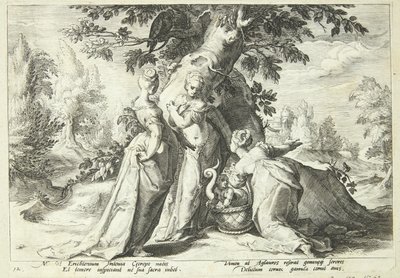 Kekrops døtre åbner kurven, der er betroet dem af Minerva af Hendrick Goltzius