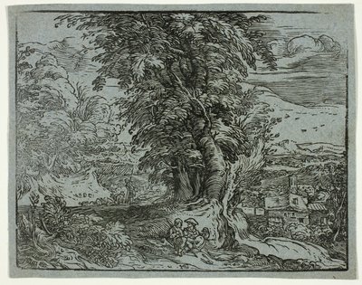 Landskab med et hyrdepar, fra fire små landskaber af Hendrick Goltzius