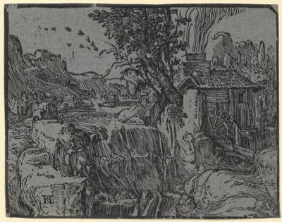Landskab med vandfald og mølle, blad 1 af serien "Fire små landskaber" af Hendrick Goltzius