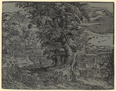 Landskab med siddende par og hyrde, blad 2 fra serien »Fire små landskaber« af Hendrick Goltzius