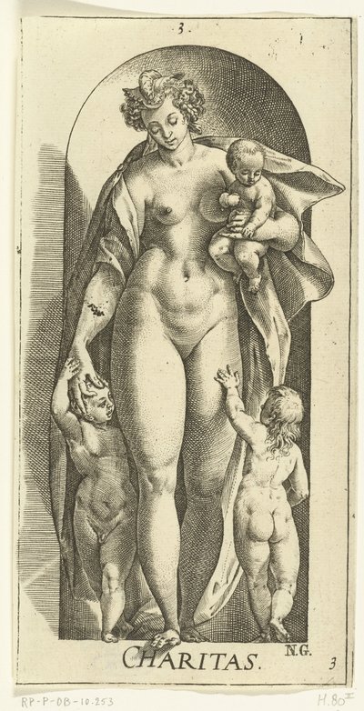 Kærlighed Velgørenhed (titel på objekt) De syv dyder (serietitel) af Hendrick Goltzius