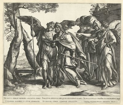 Lot flygter fra Sodoma med sin kone og sine døtre af Hendrick Goltzius