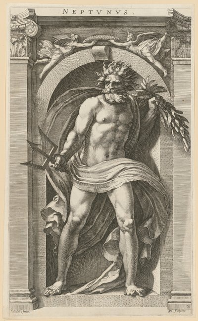 Neptun, side 2 i serien »Otte antikke guddomme« af Hendrick Goltzius
