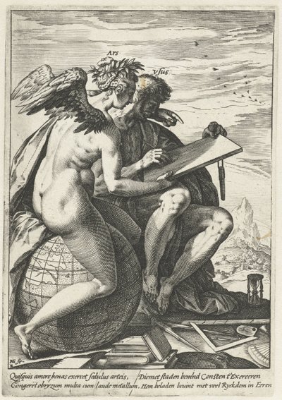 Motion og kunst (Ars/Usus) Belønningen for arbejde, flid, praksis og kunst (serietitel) af Hendrick Goltzius