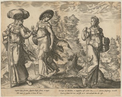 Orpa forlader Rut og Naomi [side 1] og Rut foran Boas på marken [side 2], side 1 og 2 i serien »Ruts historie« af Hendrick Goltzius