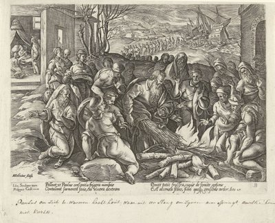 Paul bliver bidt af en hugorm på Malta Apostlenes Gerninger (serietitel) Acta Apostolorum (serietitel) af Hendrick Goltzius