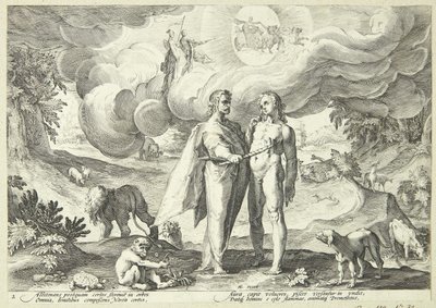 Prometheus skaber mennesket og giver det liv med ild fra himlen af Hendrick Goltzius