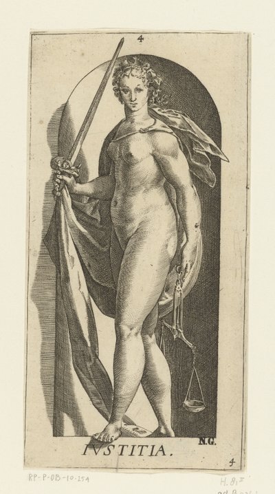 Retfærdighed Iustitia (titel på objekt) De syv dyder (serietitel) af Hendrick Goltzius