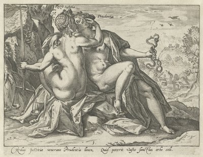 Retfærdighed og forsigtighed (Justitia / Prudentia) De forenede dyder (serietitel) af Hendrick Goltzius