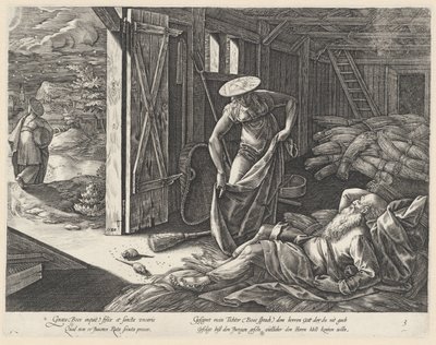 Ruth og Boaz i kornmagasinet The History of Ruth (serietitel) af Hendrick Goltzius