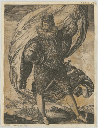 Stående fanebærer, med hovedet vendt mod venstre af Hendrick Goltzius