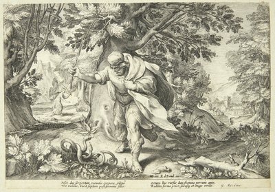 Teiresias slår to parrende slanger med sin stok af Hendrick Goltzius