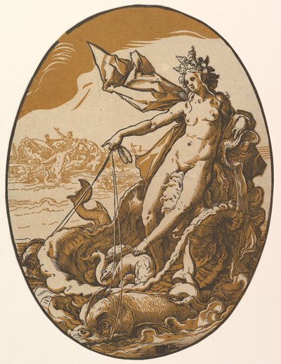 Tethys hvilende i en kæmpemæssig muslingevogn trukket af to havdyr, fra »Guddommene« af Hendrick Goltzius