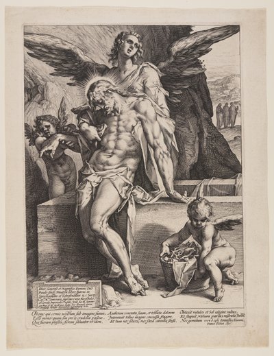 Den døde frelser støttet af en engel af Hendrick Goltzius