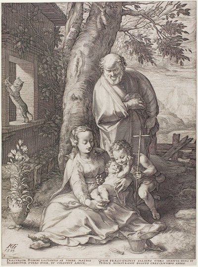 Den hellige familie med spædbarnet Johannes Døberen, plade seks fra The Birth and Early Life of Christ af Hendrick Goltzius