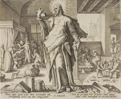 Lægen betragtet som Gud, plade en fra Allegories of the Medical Profession. af Hendrick Goltzius