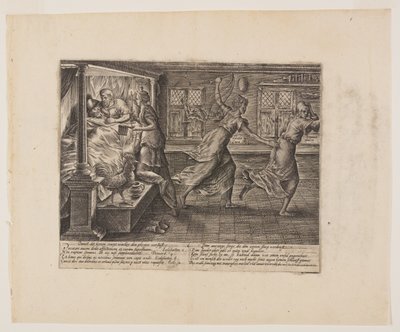 Den sagsøgendes søvnløse nat, fra Litis Abusus (Lovens misbrug) af Hendrick Goltzius