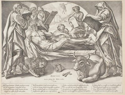 Den døde Kristus og de fire evangelister af Hendrick Goltzius
