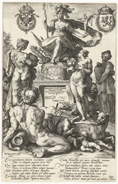 Titeltryk til trykserien De romerske helte Roma (titel på objekt) The Roman Heroes (serietitel) af Hendrick Goltzius