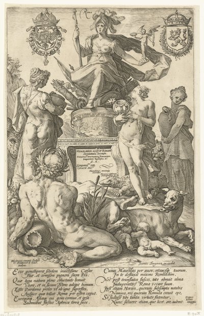 Titeltryk til trykserien De romerske helte Roma (titel på objekt) The Roman Heroes (serietitel) af Hendrick Goltzius