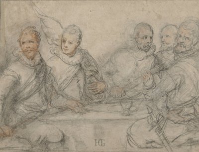 Fem betjente studerer til et bevæbnets måltid. af Hendrick Goltzius