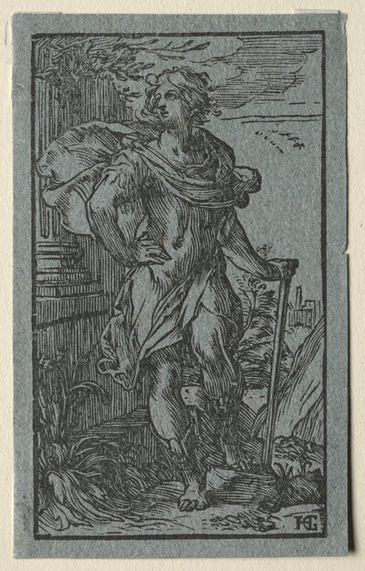 Ung mand står med en stok af Hendrick Goltzius