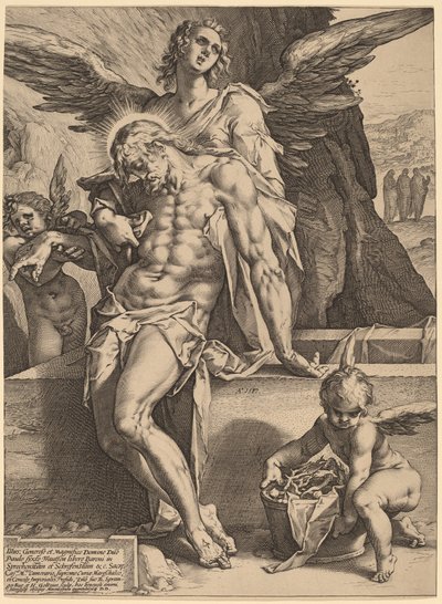Kristi legeme støttet af engle af Hendrick Goltzius, after Bartholomaeus Spranger