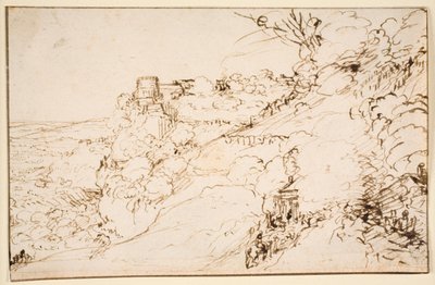 Landskab med borglignende bygning på bjergfremspring af Hendrick Goudt