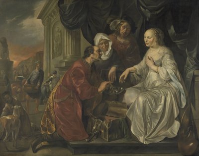 Rebecca modtager gaver fra Abrahams tjener af Hendrick Heerschop