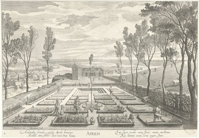 april, med et selskab i en have Aprilis (titel på objekt) De tolv måneder (serietitel) af Hendrick Hondius (I)